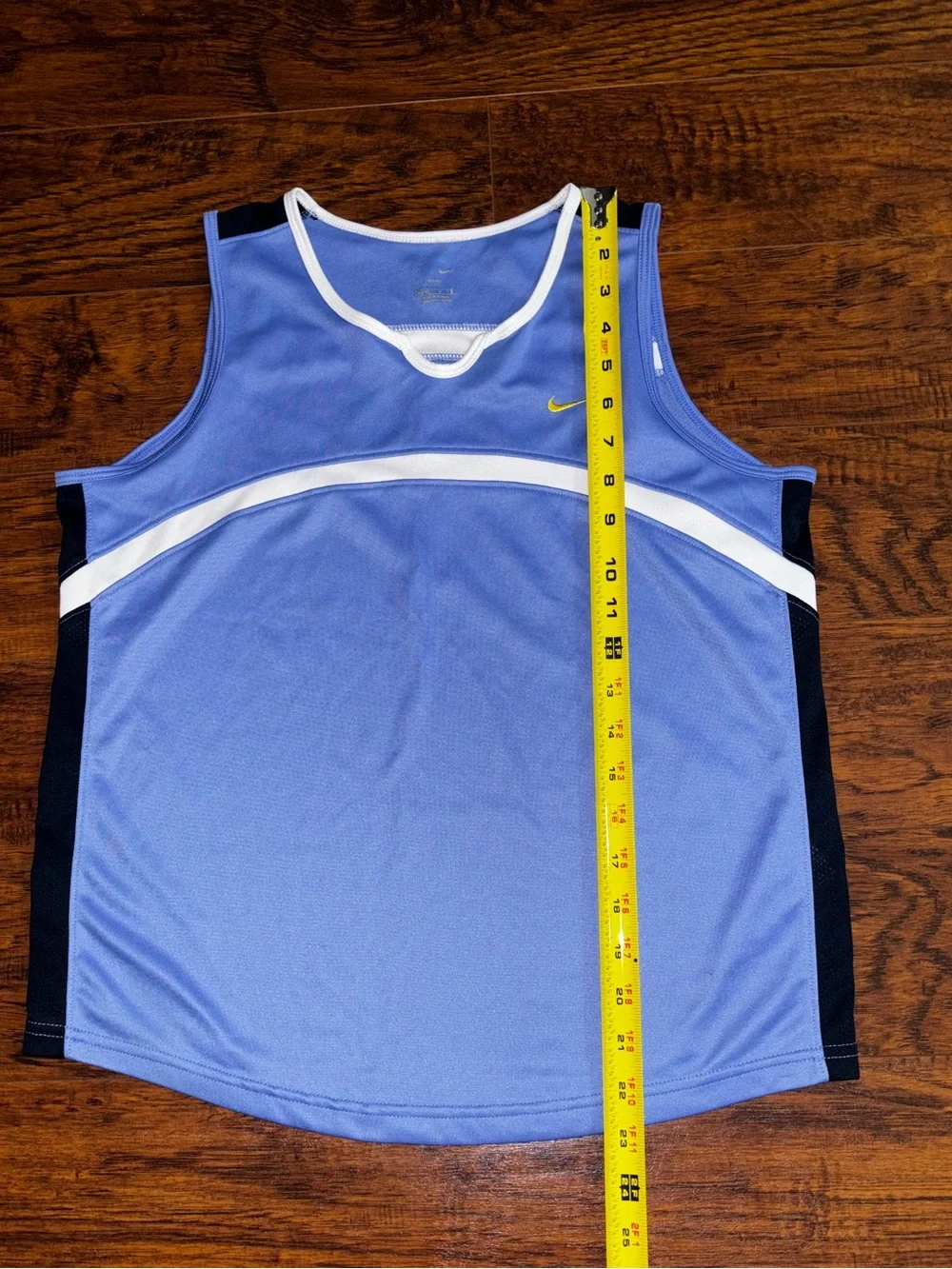 Nike Dri-FIT Tank Top Sky Blue White Trim Navy Panels Jersey Style Scoop Neck